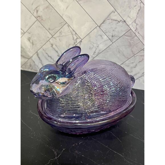 Purple Iridescent Glass Bunny Covered Dish – Hen on Nest Style - Picture 1 of 5
